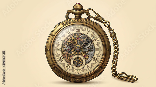 Antique pocket watch with exposed mechanical gears and roman numerals on a chain