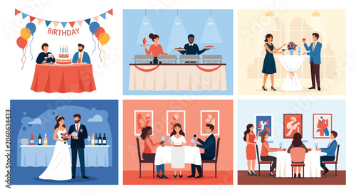 Festive collage shows people enjoying different celebrations including a birthday party, wedding, buffet dinner, and elegant social gatherings.