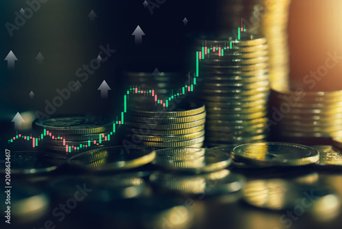 Coin stacks with financial statistics and performance metrics highlighting investment success, business growth, wealth management, market analysis, profit generation, and economic development.