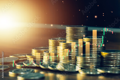 Stacked coins with financial chart and analytics bars highlighting investment performance, wealth management, market growth, business profitability, stock trading success, and economic opportunity.