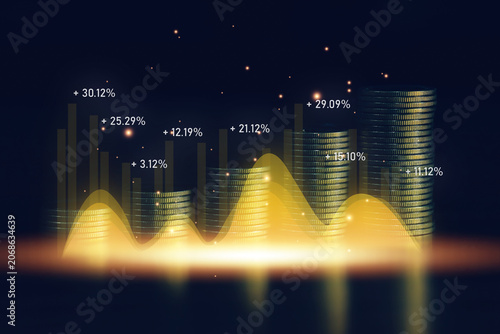 Coin stacks with market chart and financial indicators representing business performance, investment returns, stock trading activity, economic growth, portfolio management, and wealth creation.