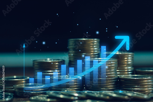 Coins with rising bar chart and upward arrow symbolizing financial growth, investment returns, stock market success, business expansion, wealth creation, economic development, and profit increase.