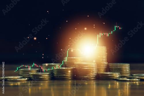Golden coin stacks with glowing highlights and rising candlestick chart representing profitable investments, stock market performance, wealth accumulation, financial planning, passive income.