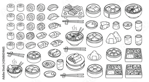 Obraz na plátně Asian Food Vector Icon Set, Hand-Drawn Japanese and Chinese Cuisine Illustration
