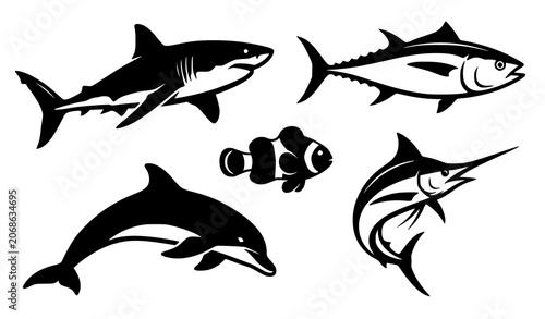 Bilde på lerret Marine Animal Silhouette Collection Featuring Shark Dolphin Tuna Clownfish And M