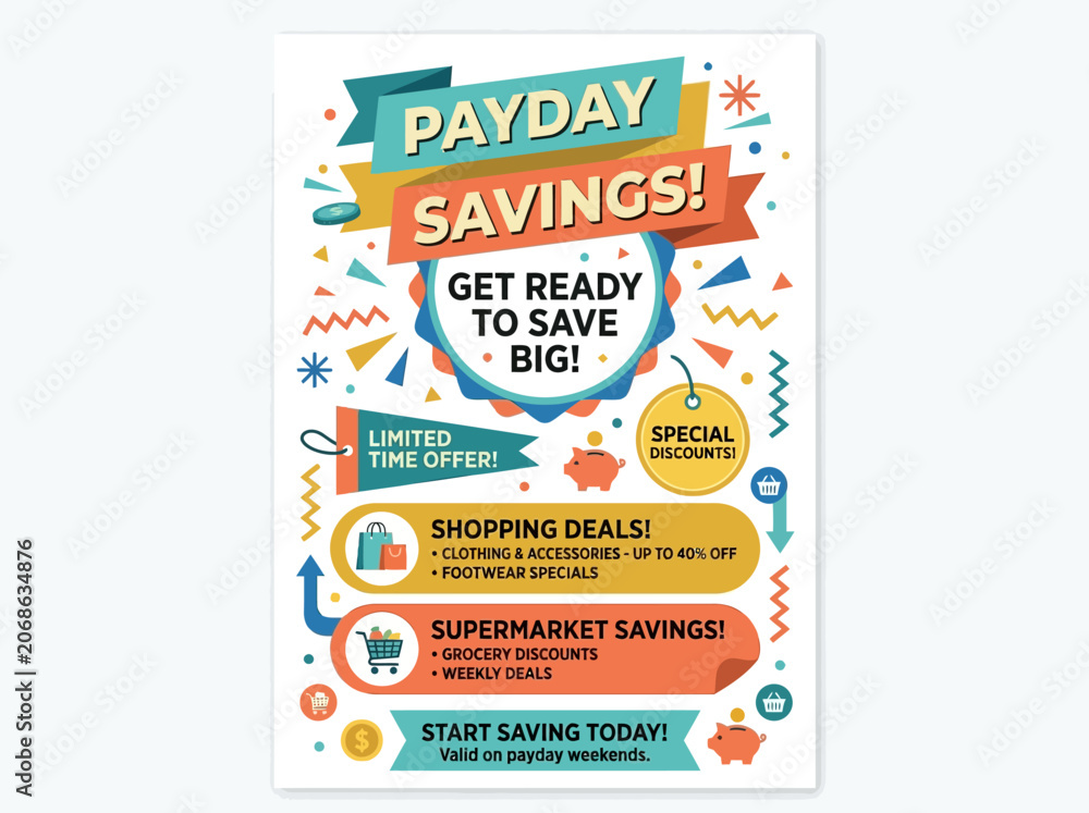 Naklejka premium Vibrant Payday Savings Flyer with Colorful Banners and Discounts on Clothing, Footwear, and Groceries