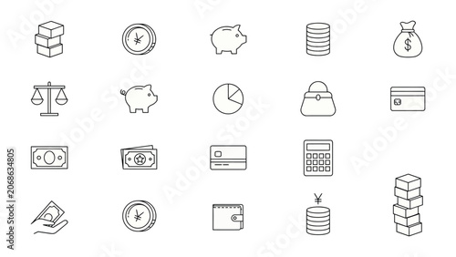 Finance and Banking Outline Icon Set with Money Piggy Bank and Credit Card