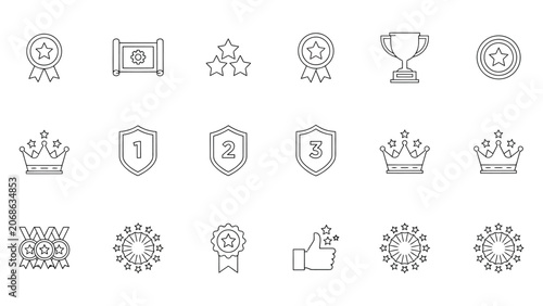 Success and Recognition Outline Icon Set with Shield Ranking and Medals