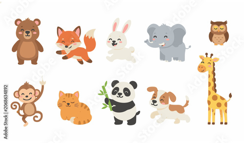 Adorable Wild Animal Cartoon Set With Bear Fox Rabbit Elephant And Giraffe