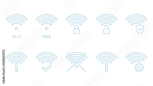 Thin Line Wi-Fi Connection Icons with Security and Status Indicators