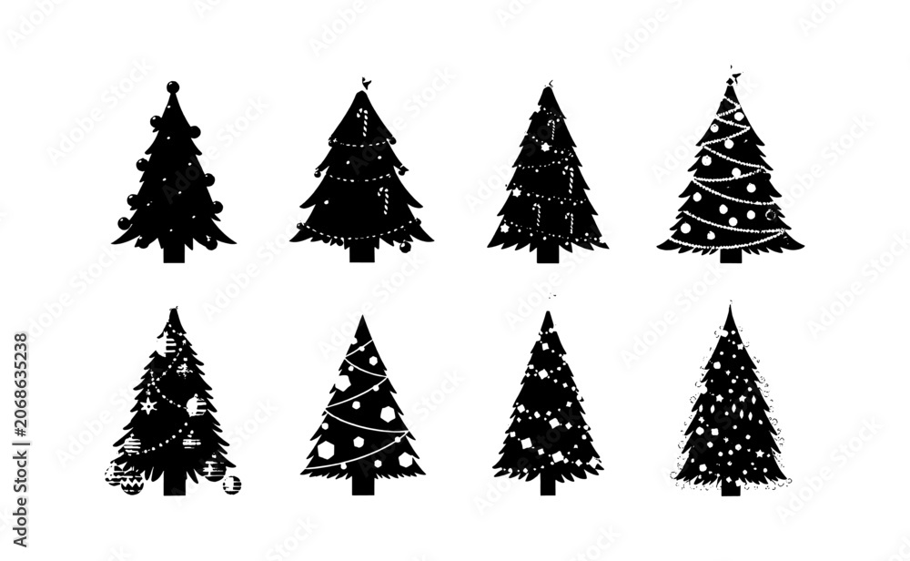 Obraz premium Set of black silhouette christmas tree icons in different styles for holiday cards and seasonal design projects isolated on transparent background, Vector