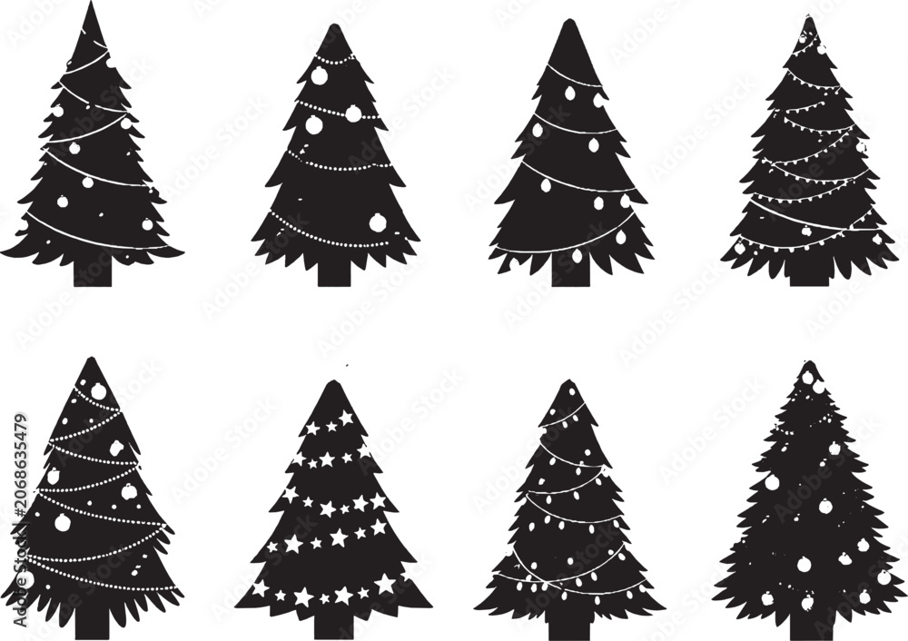 Obraz premium Set of black christmas tree icons with different decorations and lights for winter holiday design projects isolated on transparent background, Vector
