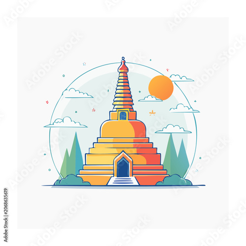 Colorful East Asian Pagoda Temple Illustration