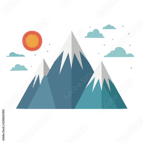 Flat design mountain landscape with sun and clouds