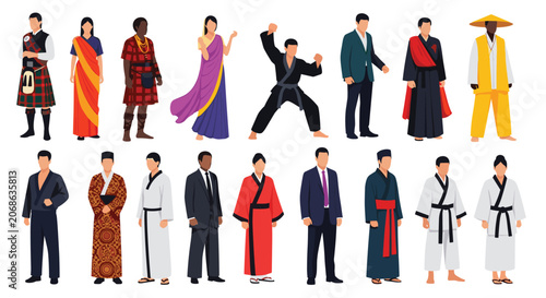 Diverse group of people stand together wearing various traditional cultural outfits and professional business suits representing multiculturalism.