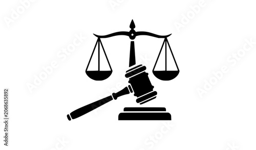 Fotografie Modern Law Icon with Gavel and Justice Scale Silhouette Vector Illustration