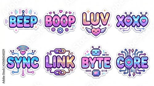 Cute Kawaii Tech Sticker Set Featuring Robot Coding Words Beep Boop Byte Sync Core, Pink and Purple Pastel Neon Aesthetic for Gaming Social Media Graphic Assets, Isolated Vector.