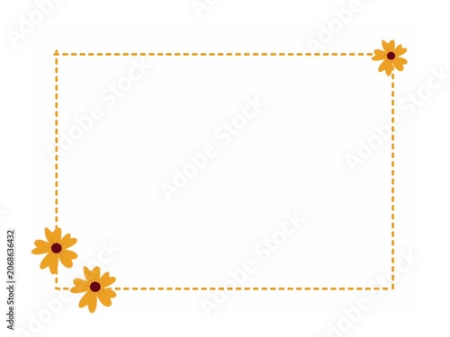 Elegant rectangle border frame with a dashed line and cute yellow daisy flowers in the corners.