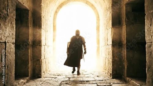 Back view of a brave gladiator silhouette walking through a dark stone archway towards bright golden light entering the ancient roman arena ready for epic battle and combat glory