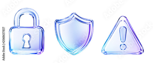 Fotografija 3D glossy liquid glass security icons set, abstract transparent fluid padlock, s