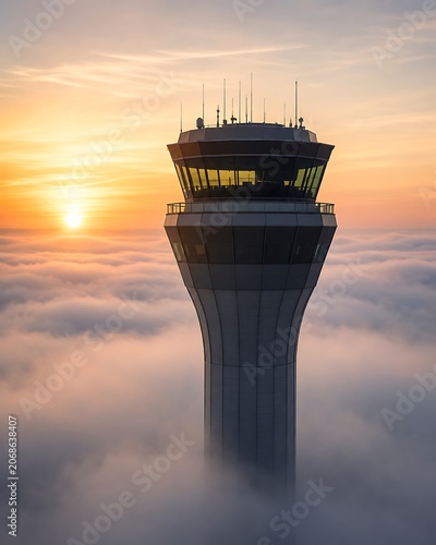 An airport control tower emerges from a sea of clouds at sunrise, bathed in the warm glow of the morning sun.