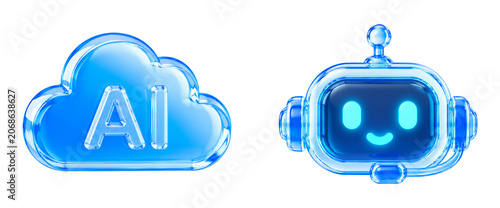 Set of 3D Artificial Intelligence AI and Robot Chatbot Icons Isolated on Transparent Background, Premium Liquid Glass Smart Cloud Technology, Cyber Machine Learning, and Virtual Assistant Automation A