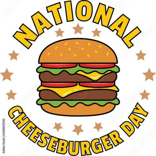 National cheeseburger day featuring a double patty burger with yellow cheese red tomato slices and green lettuce surrounded by brown stars on a white background