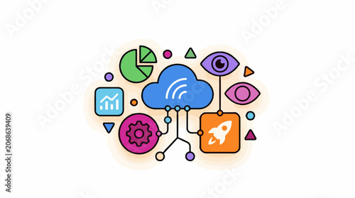 A colorful infographic featuring a central cloud icon connected to various symbols