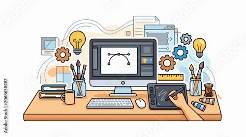 A computer and hand with a stylus on a graphic tablet on a desk
