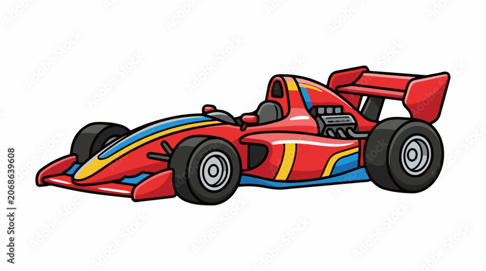 Naklejka premium A red race car with yellow and blue stripes on a white background