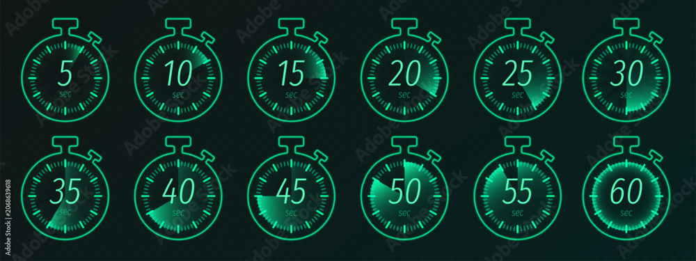 Obraz premium Modern stopwatch and timer graphic design for tracking minutes and seconds, realistic vector digital clock display isolated on transparent background. Neon green countdown icons for digital interfaces