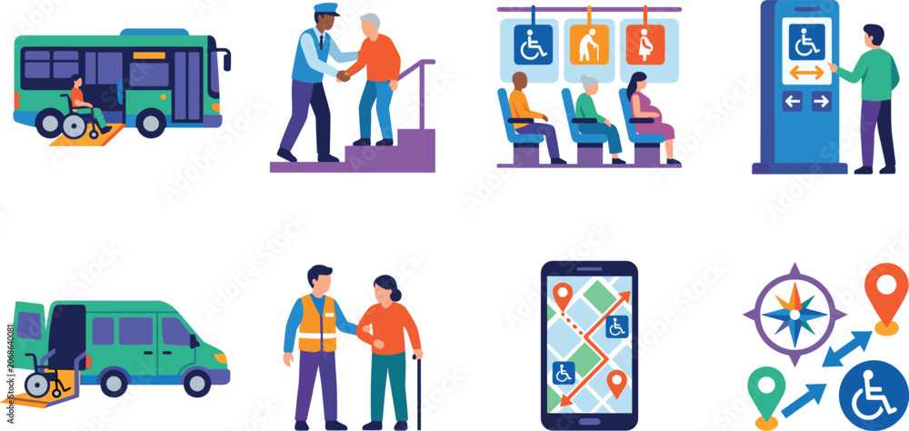 Naklejka premium Accessible public transportation and mobility assistance concept illustrations for inclusive travel design