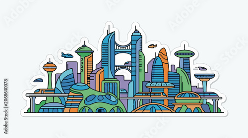 A futuristic cityscape with sleek skyscrapers, flying vehicles, and advanced architecture