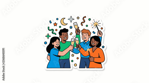 A colorful illustration of four friends celebrating with champagne and sparklers
