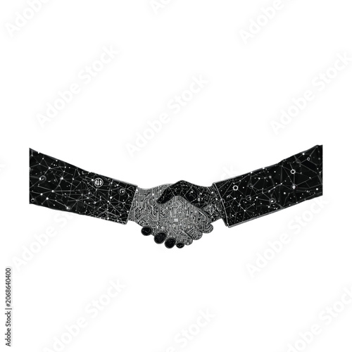Handshake portrayed with celestial constellation patterns across the sleeves represents a cosmic scale of professional trust, universal cooperation, and innovative strategic alliances in business.