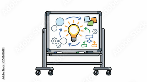 A large whiteboard on wheels displays a lightbulb surrounded by arrows and icons