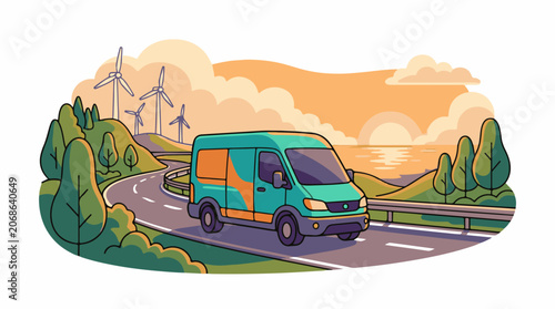 A teal van drives along a winding road with wind turbines in the background