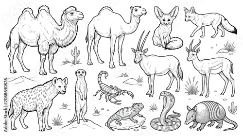 Photography Desert animals vector set, hand drawn black and white wildlife illustrations, ex