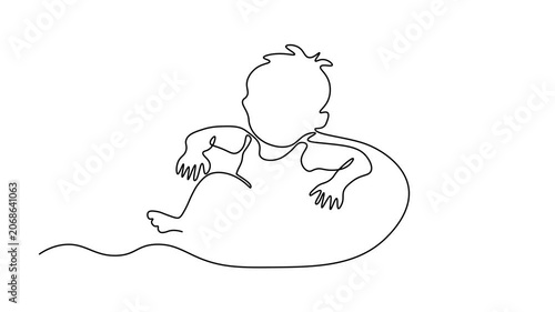boy floating on a swimming ring, summer vacation and water safety concept, playful childhood moment, pool and beach leisure, Self drawing animation one continuous line draw, logo on white background