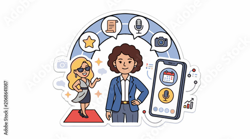 Cartoon illustration of two women surrounded by symbols related to media and communication