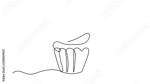  cupcake with cherry on top, minimalist dessert illustration, Self drawing animation one continuous line draw, logo on white background