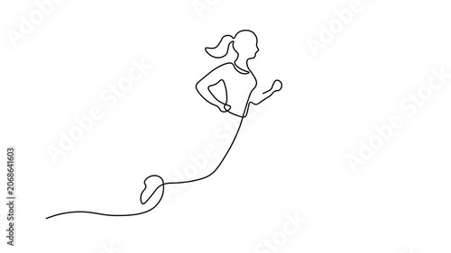 Continuous line drawing of a woman running, minimalist fitness illustration, active lifestyle and jogging concept, sport and exercise art design, Self drawing animation one continuous line draw, logo 