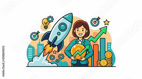 A cartoon woman in business attire holding a gold coin with a green arrow pointing upwards, surrounded by a rocket ship, light bulb, target, and other symbols of success and growth