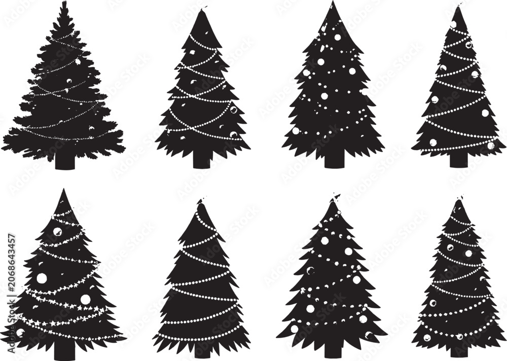 Obraz premium Set of black pine tree silhouettes for holiday and christmas design projects isolated on transparent background, Vector