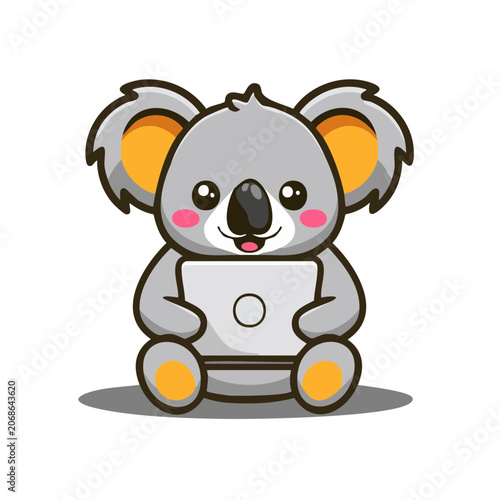 Cute cartoon koala bear using a laptop