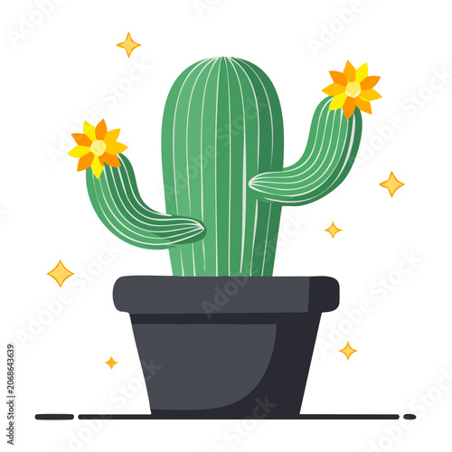 Flat design cactus in pot with flowers and stars