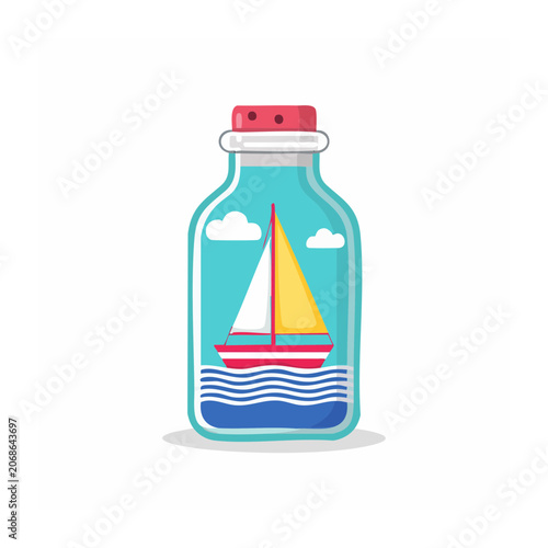 Flat design illustration of a bottle with a sailboat inside