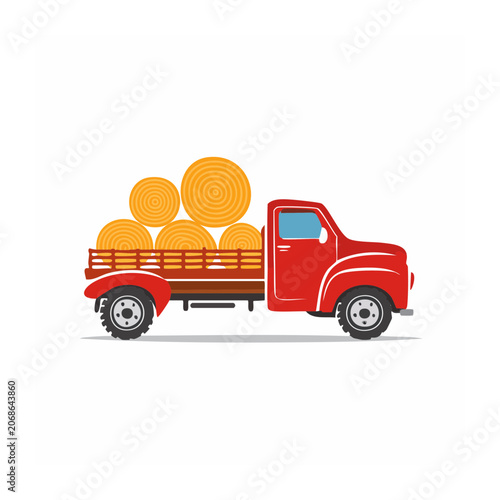 Red farm truck carrying hay bales, flat illustration