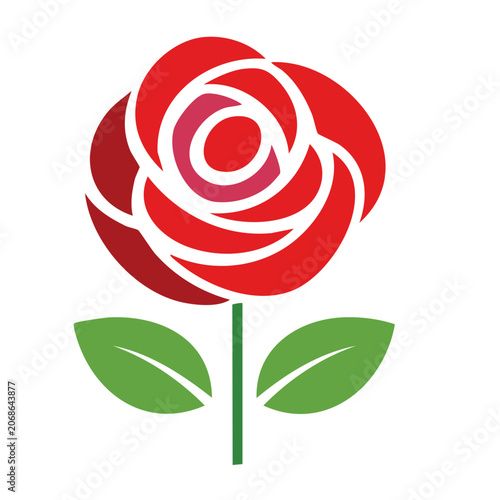 Red rose icon with green leaves on transparent background