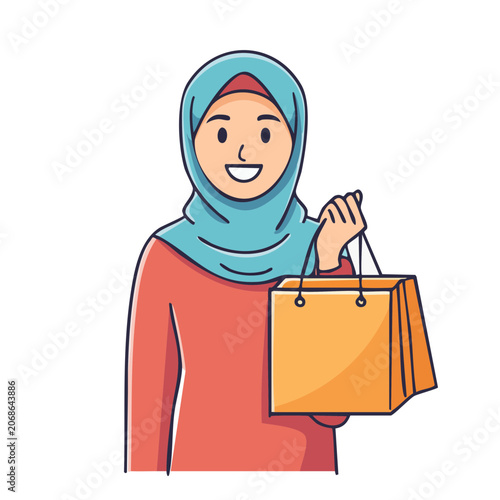 Smiling woman in hijab holding shopping bag vector illustration
